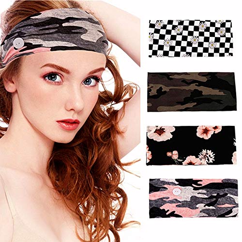 4PACK Headband with Buttons for Face Mask, Elastic Button Headbands for Nurse, Button Camouflage Fashion Headwrap for Yoga Running Workout Hair Band Stretchy (pattern4)