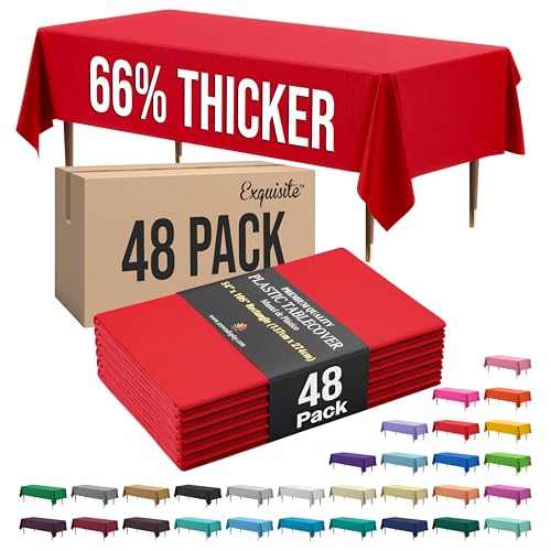 Image of Exquisite Red Rectangle Tablecloth 54 inchx108 inch - 48 Pack | Plastic Tablecloth, Disposable Table Covers Rectangle for Parties, Weddings, Holidays & Party Supplies