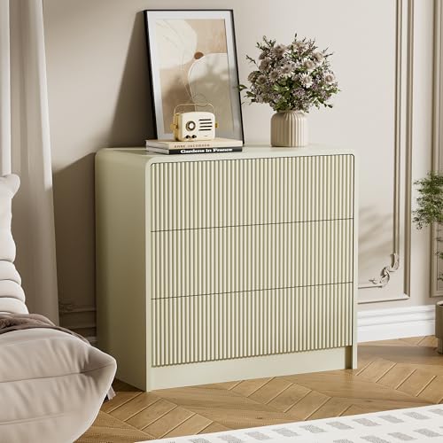 Image of Furniway 32 inch Nightstand with 3 Drawers, Modern Bedside Table with Storage, Large Night Stand for Bedroom, End Table for Living Room, Beige