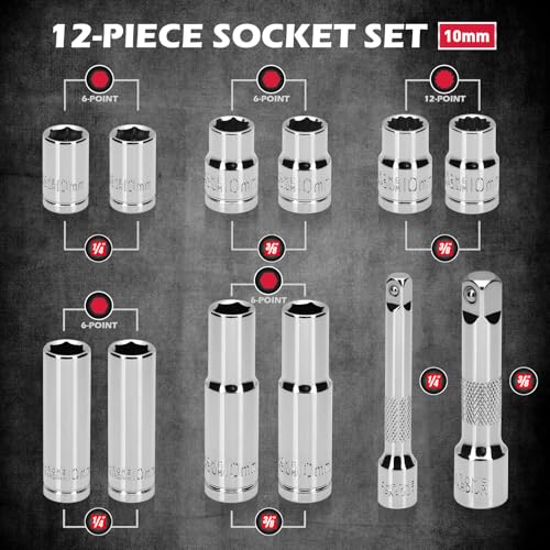 Image of 12-Piece 1 /4 inch & 3 /8 inch Drive 10mm Socket Set with 3-inch 3 /8 & 1 /4 Extension Bars | Deep & Shallow Mirror Finish Socket Set | Magnetic Storage Rail | Cr-V | 6 Point & 12 Point (13 Pack)