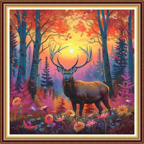 Image of Fanxvivy Stamped Counted Cross Stitch Kits for Adults Printed Cross-Stitch Patterns 11CT Stamped or Counted Cross Stitching Embroidery Kit Needlepoint Kits-Evening Glow elk 18x18 inch