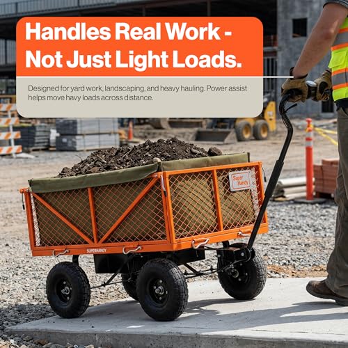 Image of SuperHandy Electric-Assist Garden Cart - 5.7 Cubic Ft Utility Wagon, 440lbs Load, All-Terrain 10in Wheels, Anti-Rust Steel Frame, Convertible Flatbed Design