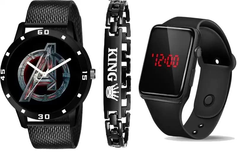 Multicolor Dial Sport PU Belt Watch & King Brecelet Pack of 3 Analog & Dgital Watch - for Boys & Girls