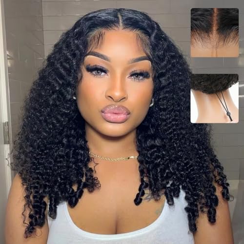 XUANCAILE 7x6 Burmese Curly Glueless Wigs Human Hair Pre Plucked Pre Cut 200% Density Drawstring Wig 7x6 HD Lace Front Wigs Human Hair for Black Women Glueless Wear and Go Wig Natural Color 24 Inch