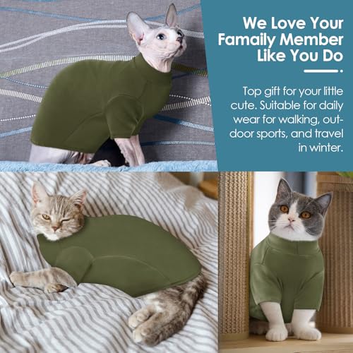 SUNFURA Turtleneck Sweater for Cat, Sphynx Cats Shirt Hairless Cat Sweaters with Sleeves, Warm and Soft Kitten Pullover Fleece Winter Pajamas Jumpsuit for Puppy Cats, ArmyGreen M - Image 6