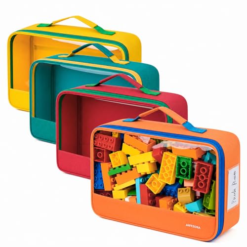 4 Pack Large Toy Storage Bags(12.6 * 3.9 * 8.6in), Magnetic Tiles Travel Organizer Case with Mesh Pocket Fits for Lego Bricks, Board Game, Puzzles, Toy Cars and Building Blocks