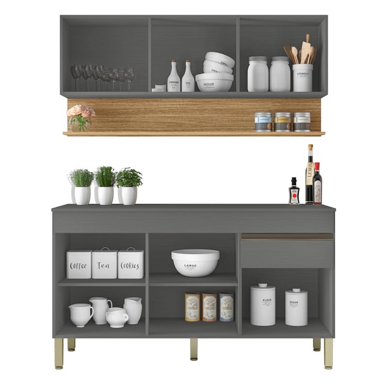 ACTUAL DIFFUSION Cuisine Equipée 6 Portes 1 Tiroir Chêne et Gris 7 Niches L 120 H 200 P 53.3 cm
