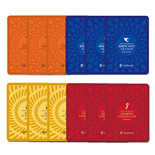 Set of 12, The Elixir Beauty Prestige Korean Beauty Gold Ginseng Full Facial Sheet for Lifting, Nourishing, Moisturizing