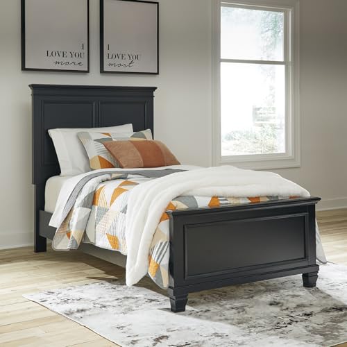 Image of Signature Design by Ashley Lanolee Twin Panel Bed, Black Kids Bed | Sturdy hardwood solids, birch veneer & MDF substrate, Elegant black framed panels, 5.75-inch under-bed space