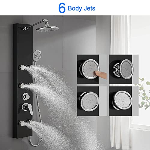 Rovogo Shower Panel System With 6 Body Jets, Self-Cleaning Rainfall Shower And Handheld, Stainless Steel Shower Tower Column With Height Adjustable Shower Arm/Head, Black #TOP4