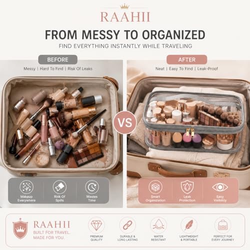 Image of RAAHII 4 Piece Transparent Makeup Organizer Bag for Women | Waterproof PVC Cosmetic Travel Pouch | Vanity & Toiletry Storage for Makeup, Skincare, Brushes & Accessories | Clear Organizer Case