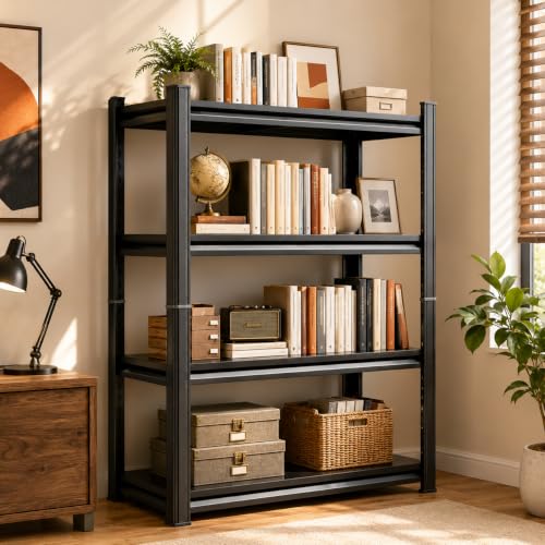 Image of 4-Tier Metal Bookshelf, Modern Black Book Shelf, 1200LBS Industrial Tall Display Bookcase, Adjustable Bolt-Free Storage Shelves for Living Room, Bedroom, Kitchen, 45.5 inch W x16 D x63 H