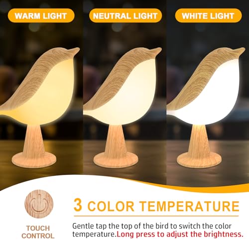 2 Cute Bird Table Lamps Combo,Rechargeable Cordless Lamp with 3 Color Temperature and Adjustable Brightness,Small Desk Lights for Bedroom Nightstand Bedside Table - Wood Tone - Image 5