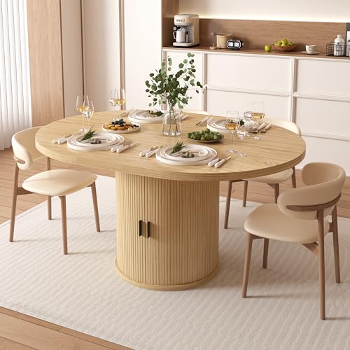 Vipbear Extendable Dining Table 43-59" for 4-6 People, Solid Wood Top with Fluted Slide Door & 8-Compartment Storage, Space Saving Round Dining Room Kitchen Dinner Tables Furniture with Pedestal Base