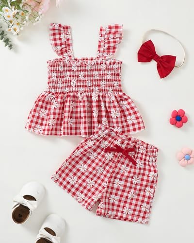 Image of Mioglrie Toddler Baby Girl Summer Clothes Infant Spring Outfits Ruffle Sleeveless Shirt Baby Shorts Headband Clothing Set