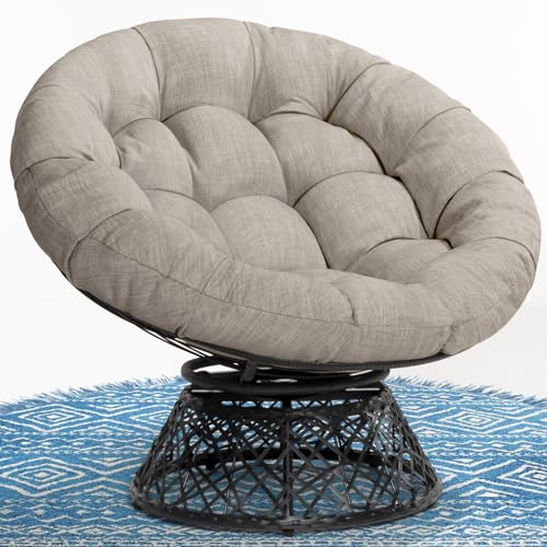 Image of Bme Ergonomic Wicker Papasan Chair with Soft Thick Density Fabric Cushion, High Capacity Steel Frame, 360 Degree Swivel for Living, Bedroom, Reading Room, Lounge, Silver Cloud - Black Base