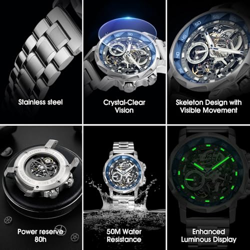 Image of FEICE FM511 Men's Automatic Skeleton Watch, Luxury Sapphire Crystal Glass Blue Dial Luminous Hands, 5ATM Waterproof Sport Wristwatch with Silicone Strap for Men, Casual Mechanical Watches for Men.