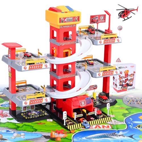 Kit de jeu de parking à 5 étages pour enfants de 3 ans avec ascenseur de stationnement inclus, grand parking jouet avec 12 voitures et 1 avion, comme cadeau...