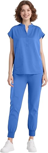 Scrubs for Women Set, Sleeveless Stand-Up Collar Medical Nurse Uniform Top and Jogger Pants, 8 Pockets