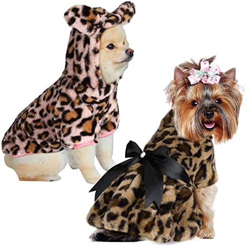 2 Pieces Leopard Print Faux Fur Dog Coat Fluffy Warm Sweater Medium Girl Dog Clothes Puppy Clothes for Small Dogs Girl Soft Faux Fur Pet Jacket for Chihuahua Winter Autumn Cold Weather Cat