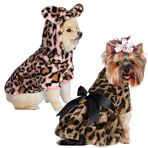 2 Pieces Leopard Print Faux Fur Dog Coat Fluffy Warm Sweater Medium Girl Dog Clothes Puppy Clothes For Small Dogs Girl Soft Faux Fur Pet Jacket For Chihuahua Winter Autumn Cold Weather Cat #TOP2
