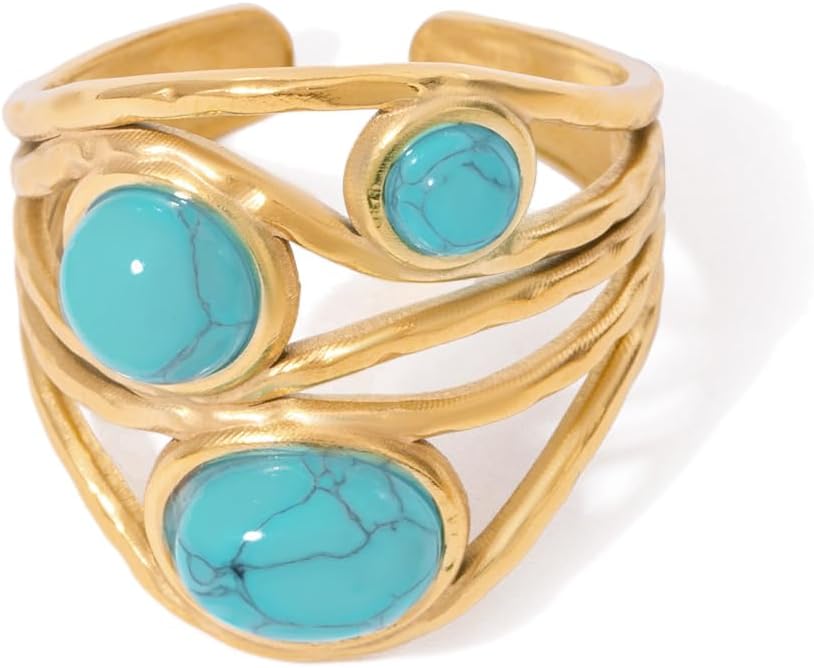 LadayPoa Turquoise Ring for Women, 18k Gold Plated Adjustable Western Rings, Vintage Blue Stone Statement Ring Boho Accessory