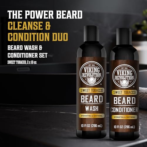 Image of Viking Revolution Beard Wash & Conditioner Set - Sweet Tobacco - 10 oz | Formulated with Argan & Jojoba Oils - Softens & Strengthens Beard - Sweet Tobacco Scent
