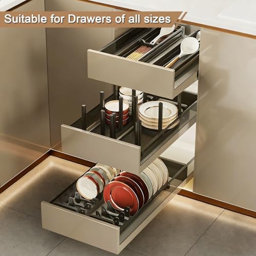 Expandable Kitchen Dish Drainer Rack - Space-Saving Aluminum Plate Organizer for Cabinets & Countertops, Black Drying Holder for Canteens & Drawers (46cm)