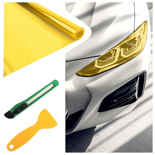 12×47 Inch Car Headlight Tint Film,Self-Adhesive Tail Light Tint Film Kit with Squeegee & Cutter,Universal Taillight Tints Films Automotive Exterior Accessories for Car Fog (Yellow)
