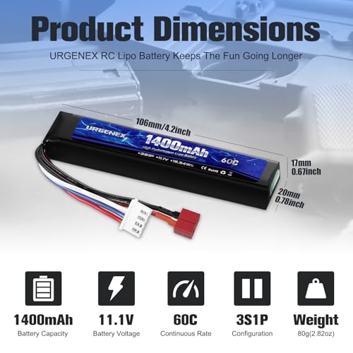 URGENEX Airsoft Battery 11.1 V 1400 mAh Lipo Battery with Dean-Style T Connector 30C High Discharge Rate Rechargeable 3S Lipo Battery for Airsoft