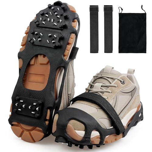 Ice Cleats Snow Traction Cleats Crampons for Shoes and Boots Men Women Anti Slip Ice Shoes Gripper Overshoe Slip-on Stretch Footwear (28 Steel with Straps, Medium(5.5-7 men/7-8.5 Women))