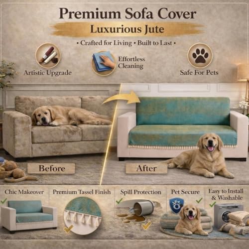Image of STITCHNEST Jute Sofa Cover - Silk Brown, 24x60 Inch | Soft Textured Fabric with Tassel| Full Coverage Sofa for Living Room Decor
