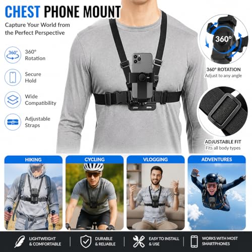 Image of CHG Chest Phone Mount Body Harness Mobile Holder POV Recording Strap Bike Riding Chest Mount vlog Shooting Holder Adjustable Smartphone Harness Action Camera