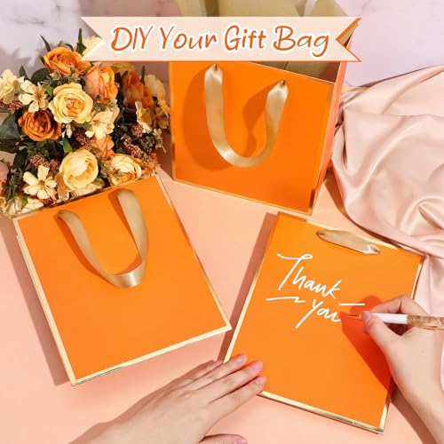 Image of Yeaqee 24 Pack Metallic Paper Gift Bag with Tissue, Orange, Gold | with Satin Ribbon Handle and Tissue, 9x7x3.1 Inch, Suit Business, Birthday, Christmas, Thank You Return Gifts Bags