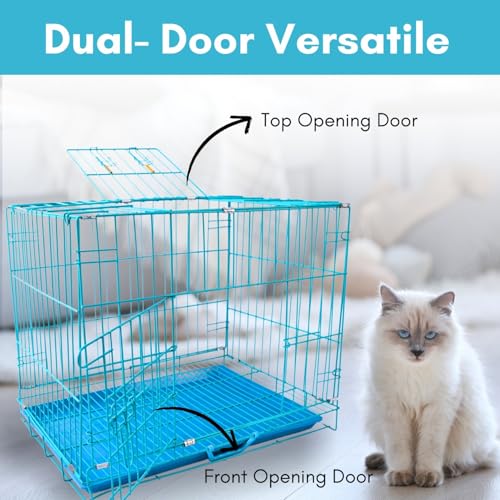 Image of RvPaws Dog Cage - Blue Color Powder Coated, Single Door Folding Metal Cage /Crate /Kennel with Removable Tray and Paw Protector for Dogs, Cats and Rabbits (24 Inch)