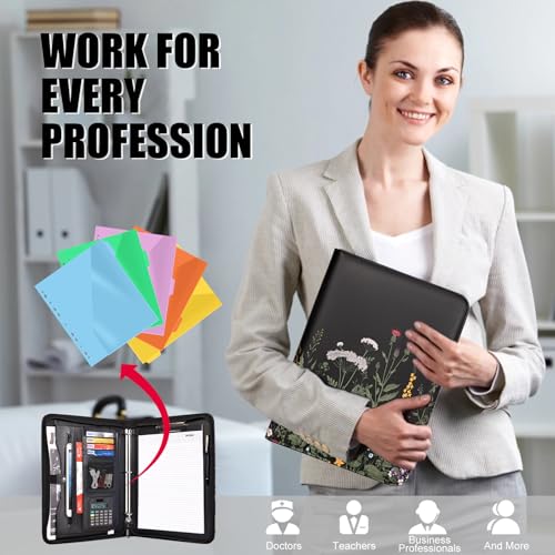 Image of Eshow padfolio Portfolio Binder - 3 Ring Binder with Zipper, Vegan Leather | Includes 5 Colorful Sheet Protectors for Documents & Diles, 1 Pen, and 1 A4 Notepad, Designed for Women and Men