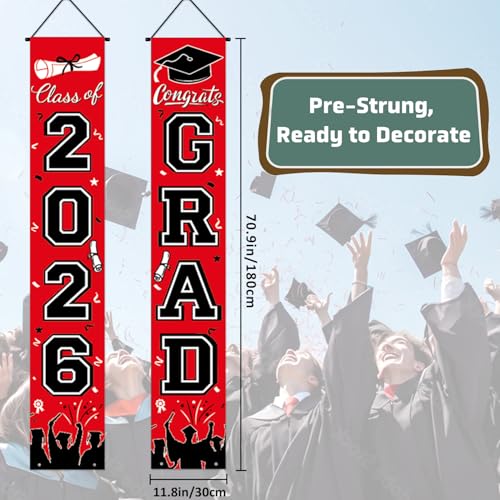 Image of Graduation Decorations 2026 Porch Banner, Congrats Grad Class of 2026 Banner, Red and Black Graduation Banner Class of 2026 for Any Schools or Grades Party Favor