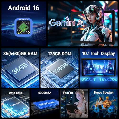 Image of Gleeso Tablet, Android 16 Tablet, 36GB RAM 128GB ROM 1TB TF, 10 Inch Tablet, 8 core, 6000mAh Battery, Fast Charging, HD Display, Dual Camera, Face Unlock, Widevine L1, WiFi 6 BT5.4