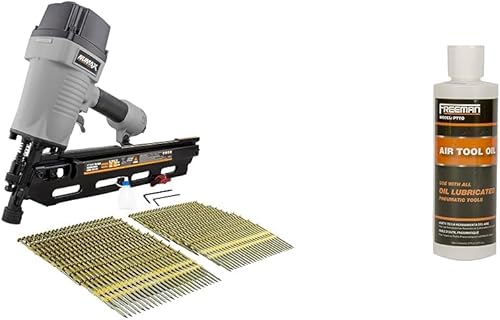 NuMax SFR2190WN - Clavadora neumática de 21 grados, 3-12 pulgadas, cabeza redonda completa con clavos (500 unidades) y aceite para herramientas
