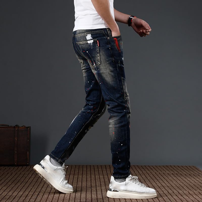 Street Men Jeans Retro Washed Blue Stretch Painted Ripped Jeans Mens Patched Hip Hop Vintage Denim Pants ​​Trousers3