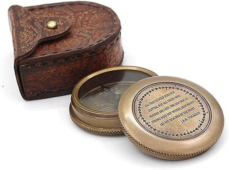 Brújula magnética vintage náutica antigua direccional con grabado de cita famosa y estuche de cuero miniatura 2
