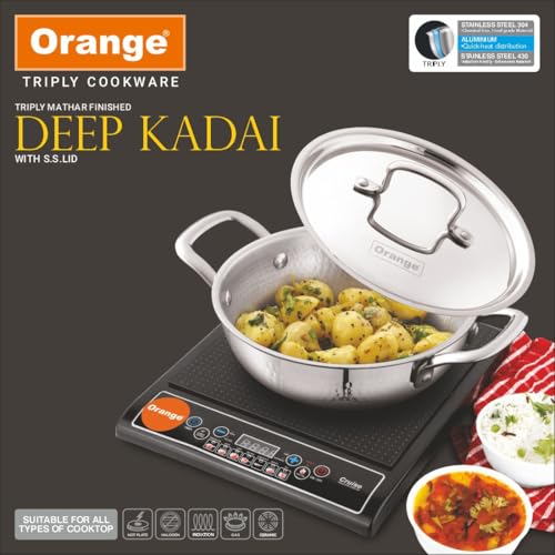 Image of Orange Triply Stainless Steel Hammered Deep Kadai with S.S Lid | Hammered Mathar Design | Heavy Bottom Cookware for Gas & Induction | Cool Touch Handles | 2.0 Ltr, 20cm |Made in India, 5-Year Warranty