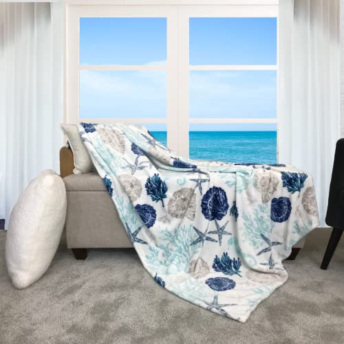 Decorative Ocean Life Coastal Throw Blanket: Soft Plush Velvet Fleece Calming Hues Of Blues Beige On White, Accent For Sofa Couch Chair Bed Or Dorm (Coastal Shells) #TOP2