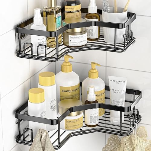 Image of Sulfar Self Adhesive Corner Shelf for Bathroom Adhesive Shelf for Kitchen with Magic Sticker Bathroom Organizer Without Drill (Black) Pack of 2