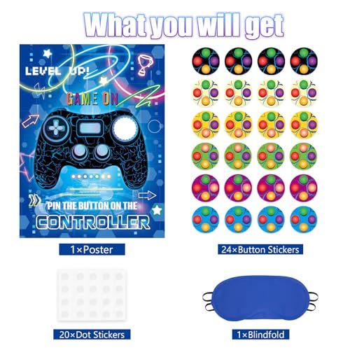 Image of WERNNSAI Pin the Button on the Game Controller Gaming Party Decorations | Video Game Birthday Decorations for Boy Kids,Game On Party Game,28 inch x 21 inch Poster with 24 Stickers and Blindfold