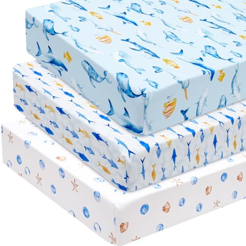 Image of david's kids 3 Pack Fitted Crib Sheets, Ultra Soft Breathable Comfortable Baby Sheet Set for Boys Girls Neutral, 28x52 Inch Fits Standard Crib and Toddler Mattresses, Whale