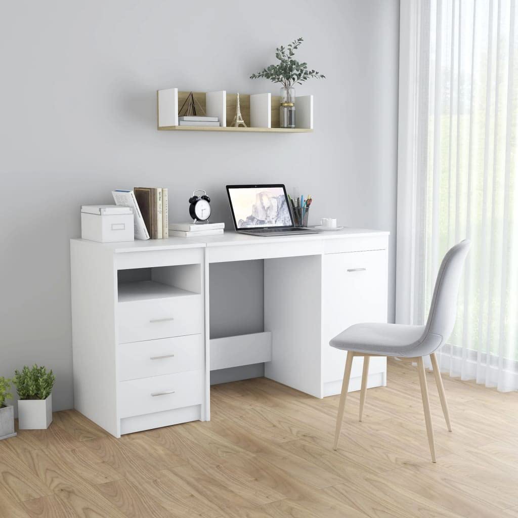 Biurko białe 140 x 50 x 76 cm, materiał drewnopochodny z 3 szufladami i 1 drzwiami, nowoczesny stół biurowy do gabinetu, dużo miejsca do przechowywania książek i dokumentów, łatwe w utrzymaniu