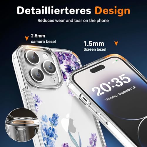 Image of Elzzi Clear Floral Case for iPhone 14 Pro Max, Lavender Flower Clear Phone Case for Women Girls, Cute Aesthetic Purple Botanical Transparent Shockproof Protective Slim Cover (Deep with Leaf)