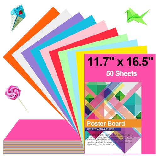 Image of 50 Pcs Poster Board Colorful Paper 11.7x16.5, ROOKEA Vision Boards Bulk Blank Graphic Display Posterboard Card Paper for Kids School Classroom Arts Craft Projects Drawing Scrapbooking