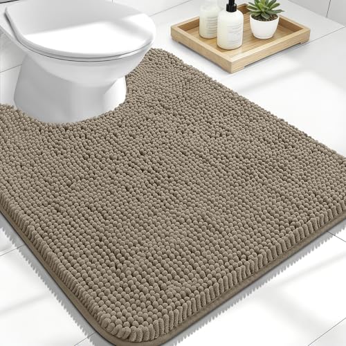 Image of OLANLY Toilet Rugs U-Shaped 24x20, Extra Soft Absorbent Chenille Contour Bathroom Rugs for Toilet, Dry Quickly, Machine Washable, Non-Slip Bath Mat, Warm Taupe
